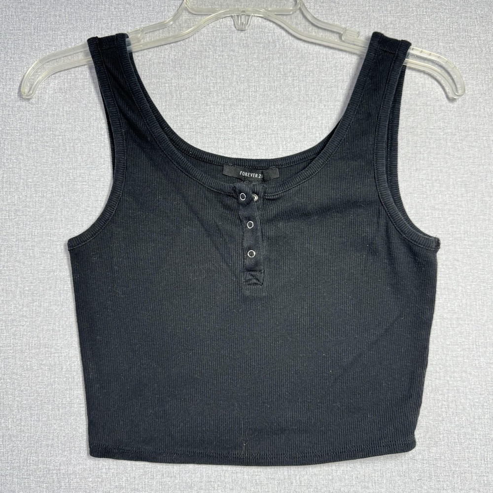 Forever 21 Tank Top Womens Medium Black Henley Ribbed Cropped Knit Sleeveless
